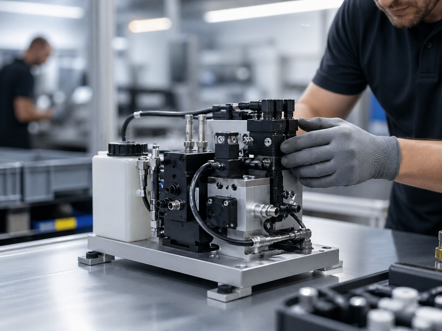 Montagefertige Funktionseinheit auf einem modernen Montagearbeitsplatz