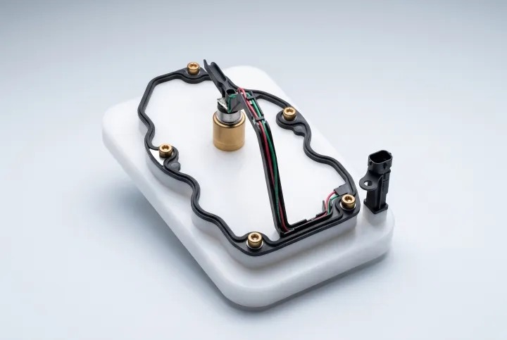 Eigendichtes Window-Gasket-Dichtsystem mit Messing-Injektoranschluss und umspritzten Kabeln – montagefertige febana-Baugruppe